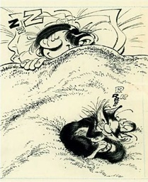 Franquin Gaston Brouillon - Gaston, le chat et la sieste